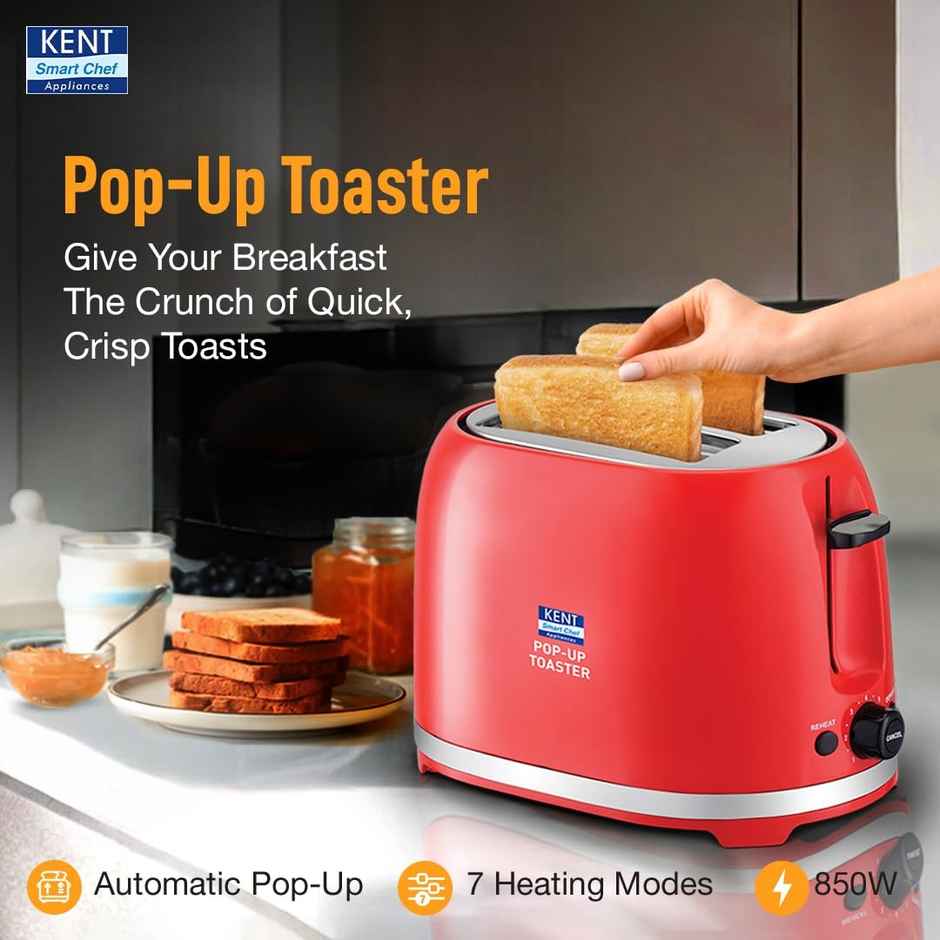 Kent Pop Up Toaster 850 Watts|2 Slice Automatic Pop Up|cool Touch Body - Red