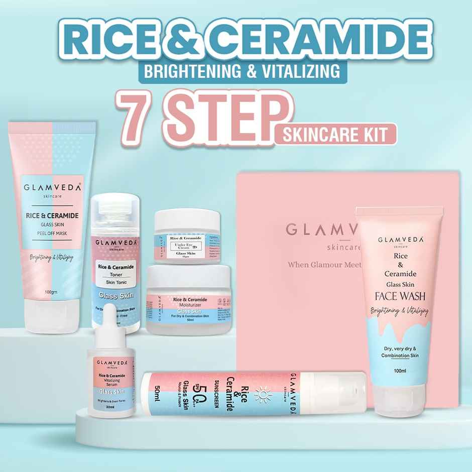 Glamveda Korean Glass Skin Rice and Ceramide 7 Step Weekly Skincare Routine For Women with Gift Box
