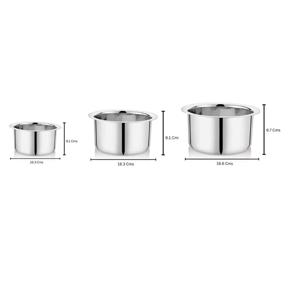 Embassy Plain Tope / Patila Set of 3, 1000/1300/1700 ml, Sizes10/11/12, Premium Stainless Steel