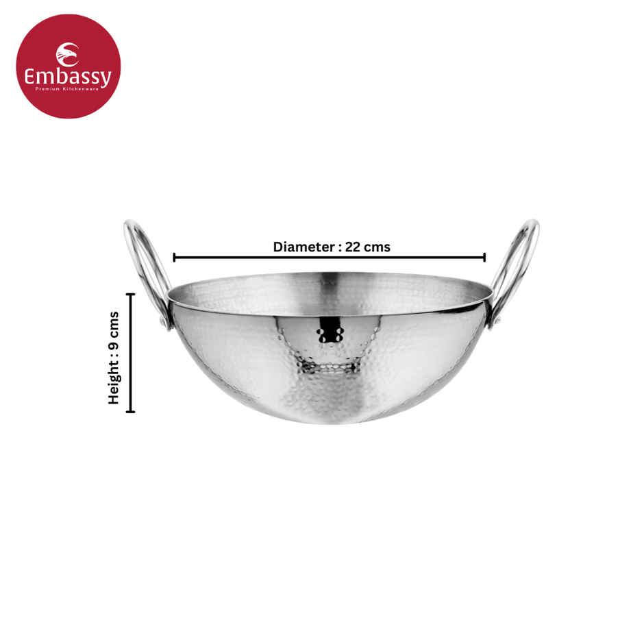 Embassy Premium Deep Hammered Kadhai, Heavy-Weight, Size 22-1800 ml, Induction-Safe Stainless Steel
