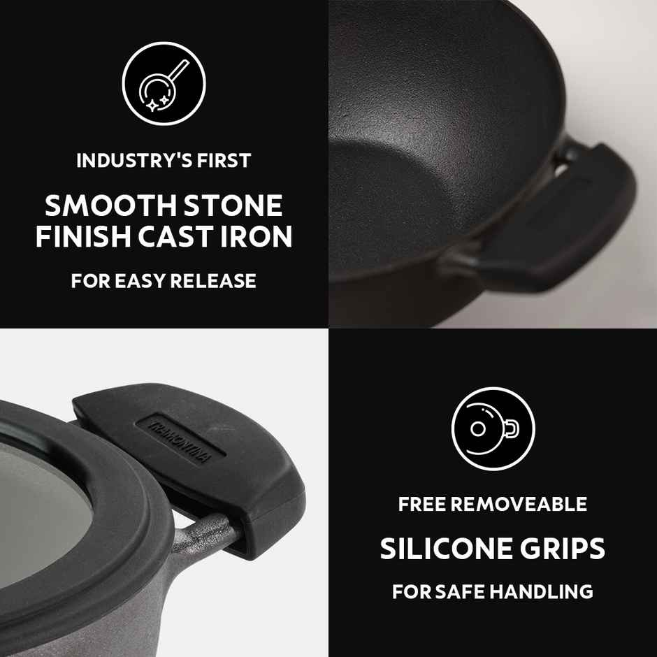 Tramontina Titanex 26 cm Pre-Seasoned Cast Iron Deep Kadai 4.6L, Non-Toxic, Induction Ready, Toughned Glass Lid w/Steam Release, Snap-On Cool Touch Grips, Excellent Heat Retention & Even Heating