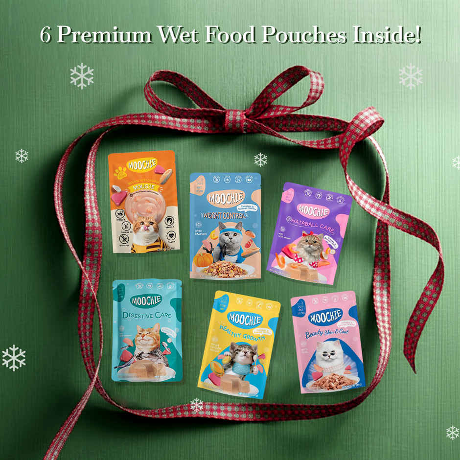 Moochie Cat Wet Food Christmas Hamper | 6 Assorted Flavours | Premium Variety Pack |Festive Gift Box