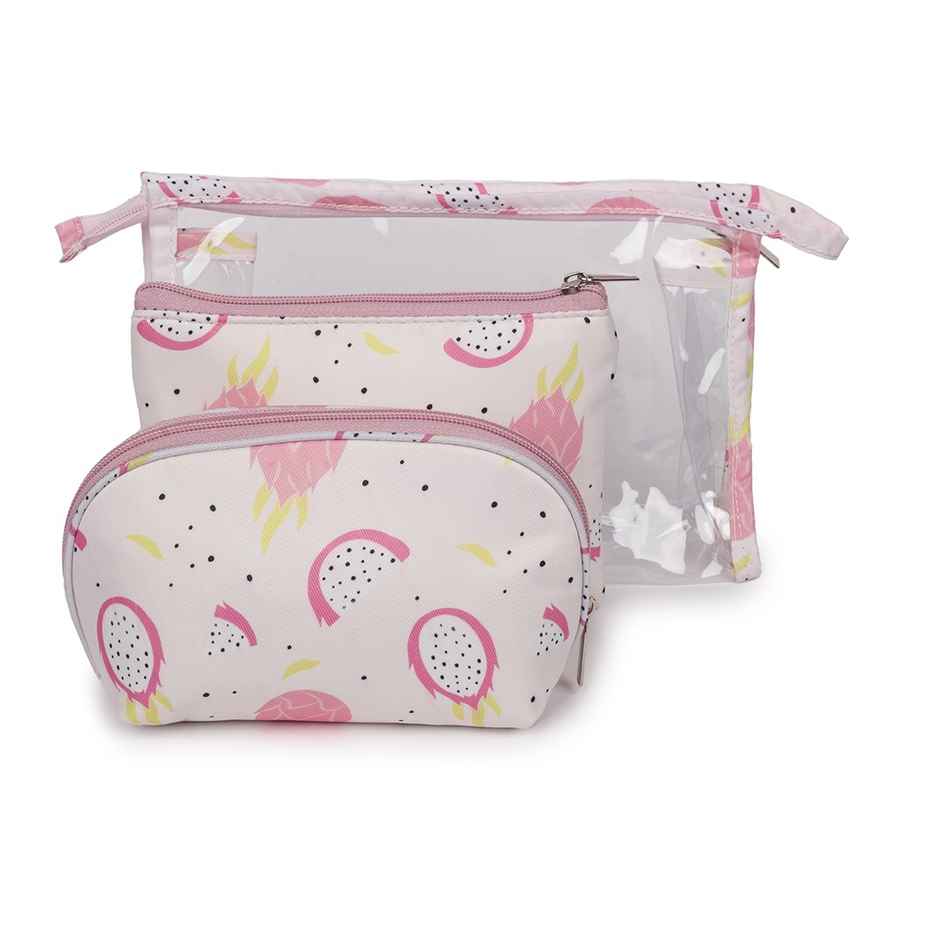 Qips Printed Set Of 3 Cosmetic Pouches With Zipper Closure - Baby Pink