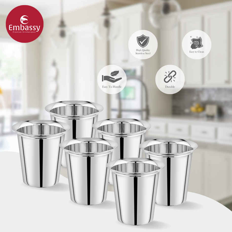 Embassy Premium Coffee Glasses / Tea Tumblers, 160 ml Each (Size 2), Pack Of 6, Stainless Steel