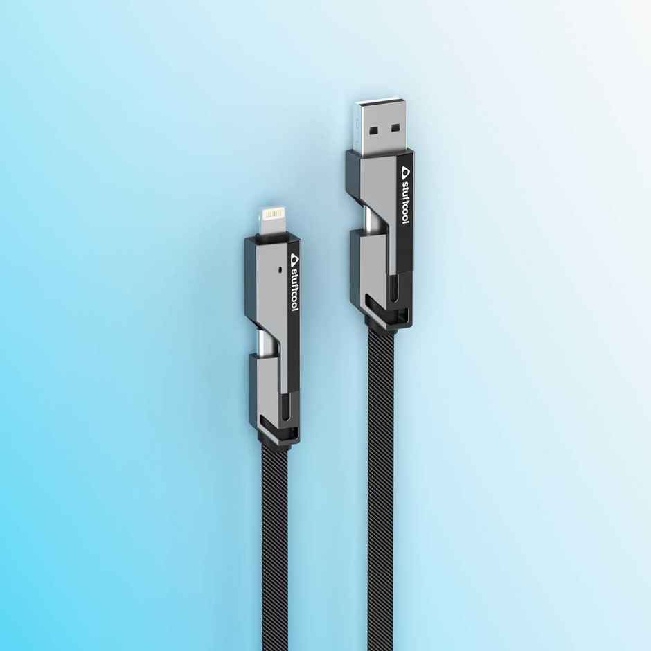 Stuffcool Quad Pro 4 in 1 Metal Flat Braided Indestructible Cable 1.5m 60W with lightning to type C, type C to C, Lighting to type A compatible for iPhones, iPads, Macbooks, Type C Laptops - Grey