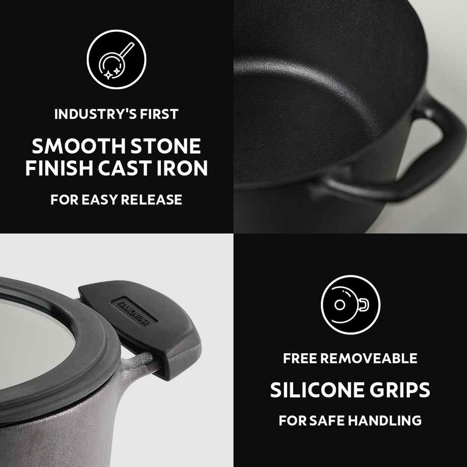 Tramontina Titanex Cast Iron Biriyani Pot | 24 cm | 4.9 L | Glass Lid | Induction Compatible