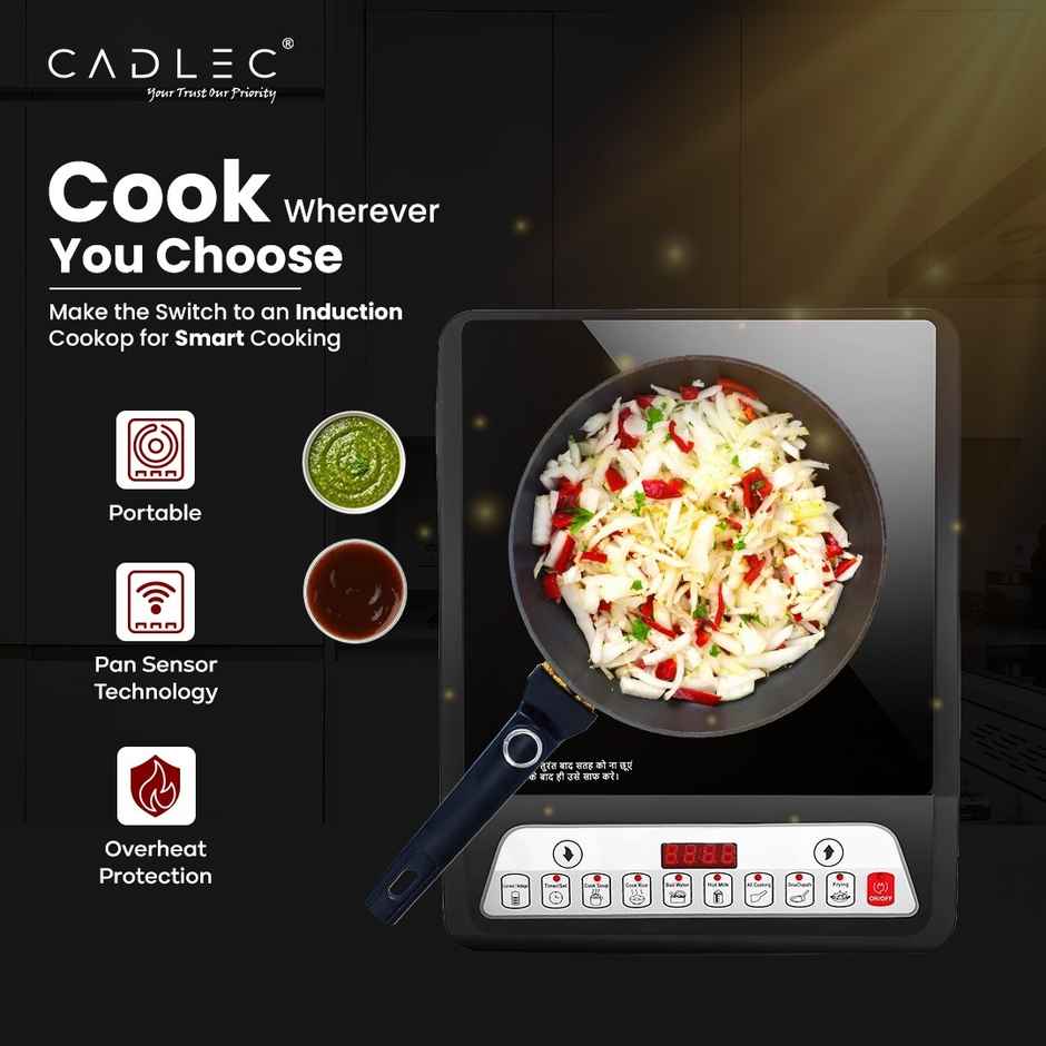 Cadlec CookMate 2000W Induction Cooktop with Crystal Glass, 7 Cooking Modes, Auto Shut-Off, Over-Heat Protection, LED Display - Black
