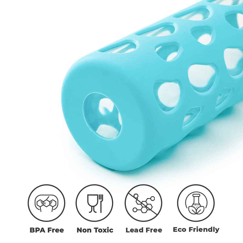 The Better Home 550Ml Borosilicate Glass Bottle With Sleeve And Bamboo Lid With Grip Gaps-Blue