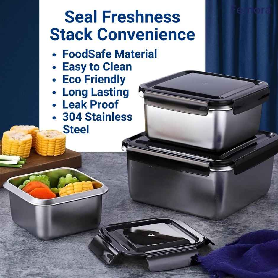 Femora High Stainless Steel Square Container Leak Proof Airtight Lid 350 ml - Silver
