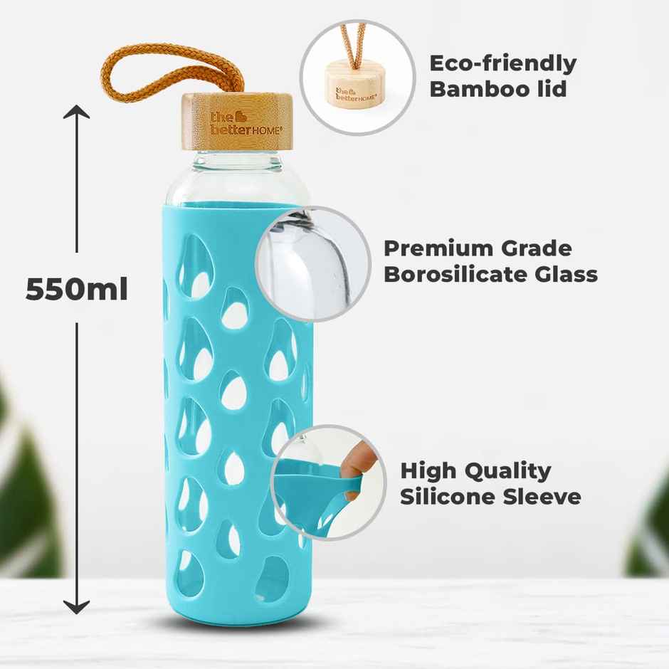 The Better Home 550Ml Borosilicate Glass Bottle With Sleeve And Bamboo Lid With Grip Gaps-Blue