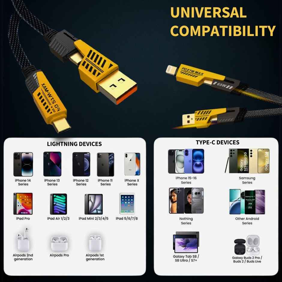 Roarx USB Type C Cable 13 A 1 m Braided 4 in 1 65W Fast Charging Cable Compatible for- & Android with MFI Certified (1 Meter)(Compatible with Apple & Android phones, Type C to C , Usb to Lightning, C to Lightning data cable) - Black & Yellow