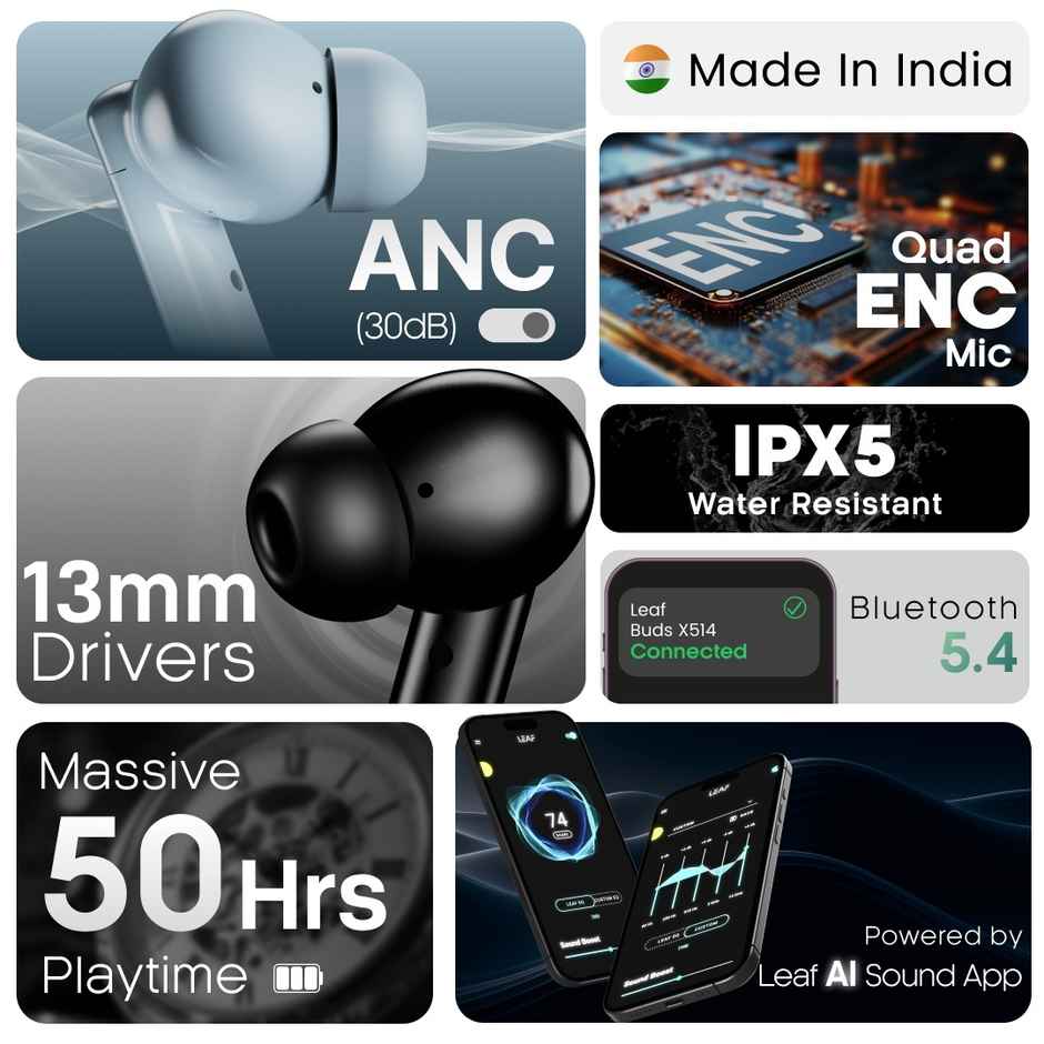 Leaf Buds X514 | ANC | Transparency Mode | 70H Playtime | Quad Mic ENC | TWS - Carbon Black