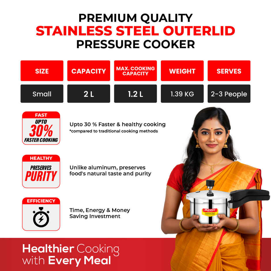 Master Amora Stainless Steel Outer Lid Pressure Cooker 2L, Gas And Induction Stove Compatible