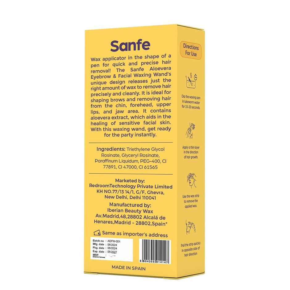Sanfe Eyebrow & Facial Wax Pen | Aloe Vera for Easy Hair Removal | 1 Pen + 10 Strips