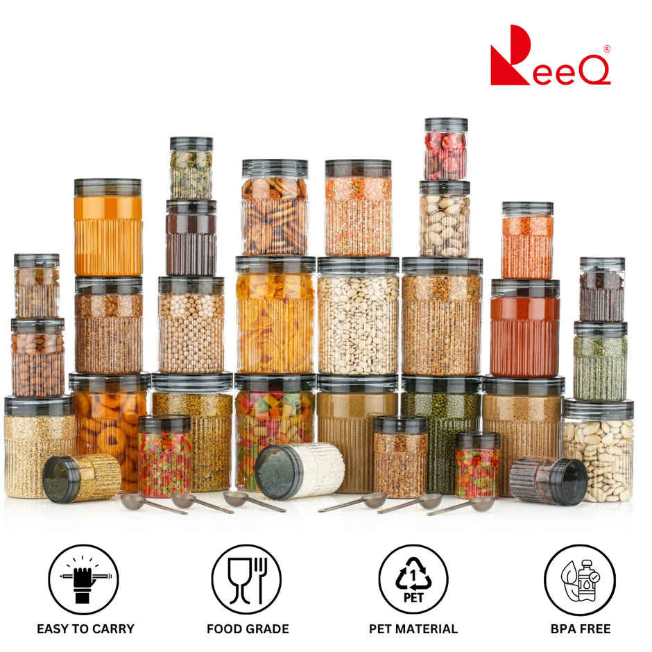 ReeQ Plastic Storage Containers with Transparent PET Caps & Spoon for Kitchen Storage