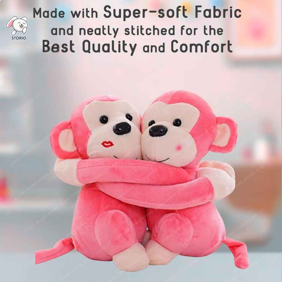 Storio Monkey's Cuddly Couple Plush Soft toy Kids Birthday Gift | Pink - 25 cm