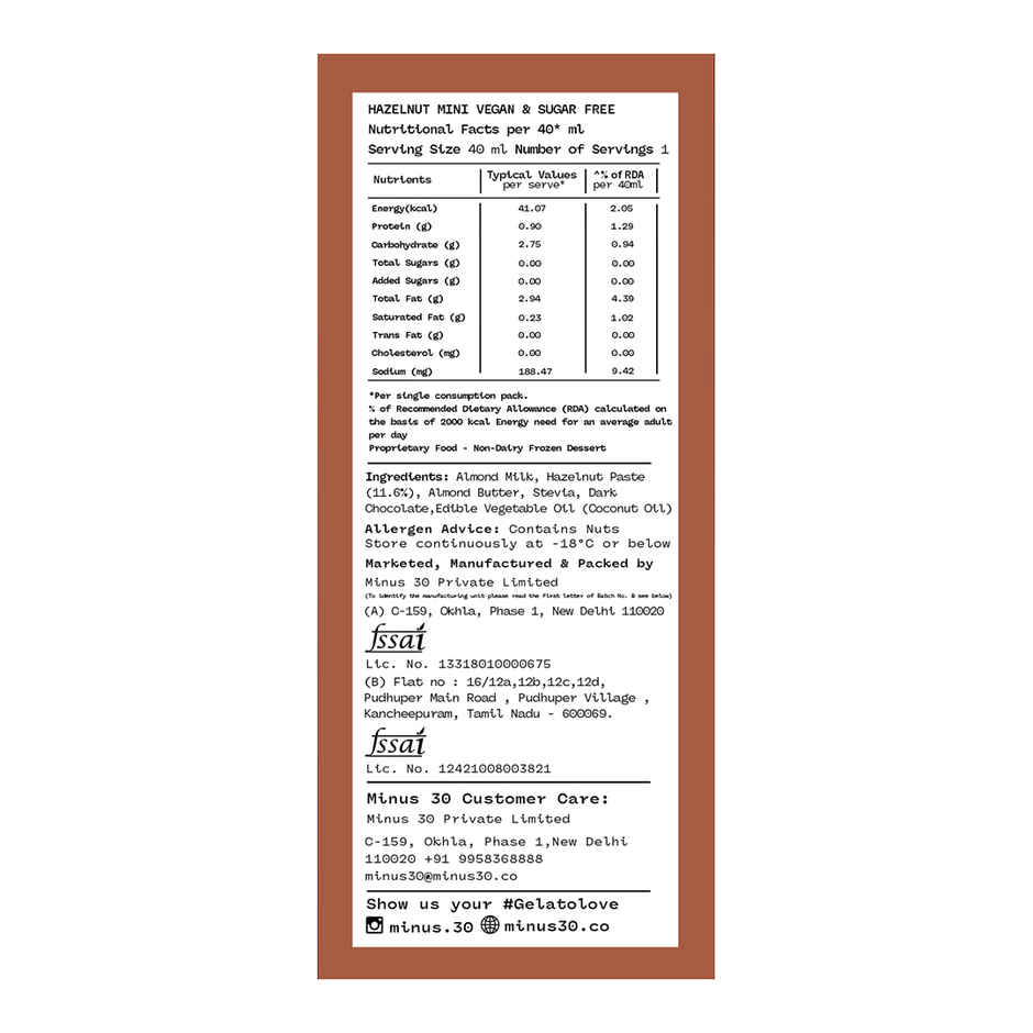 MINUS THIRTY Hazelnut Mini Stick Vegan & Sugar Free