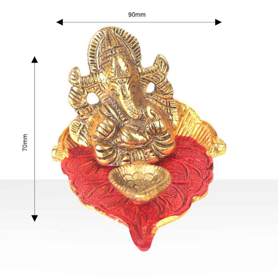 Diya Ganesh With Meenakari on Peepal Leaf | Gold | Metal | Diya-Pooja | Devnidhi
