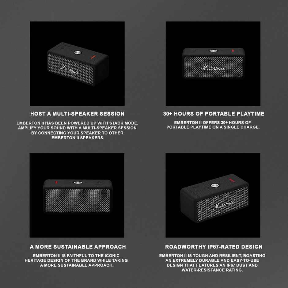 Marshall Emberton Il Wireless Bluetooth Portable Outdoor Speaker, Black & Steel