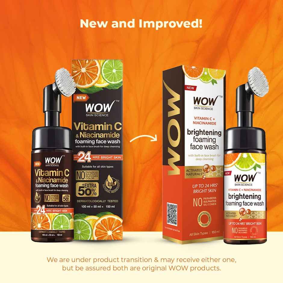 Wow Skin Science Brightening Vitamin C Foaming Face Wash With Built-In Face Brush For Deep Cleansing - No Parabens Sulphate Silicones & Color