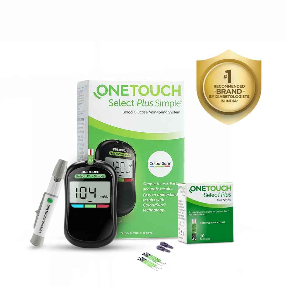 OneTouch Select Plus Simple Glucometer With Free 10 Test Strip, 10 Sterile Lancets And 1 Lancing Device Kit