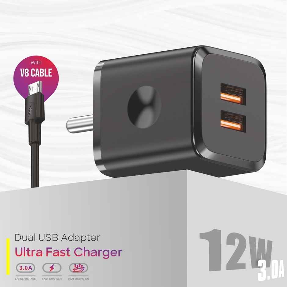 U&i Budget 27 Charger 12W | 3A Dual USB & Micro USB Cable | Black