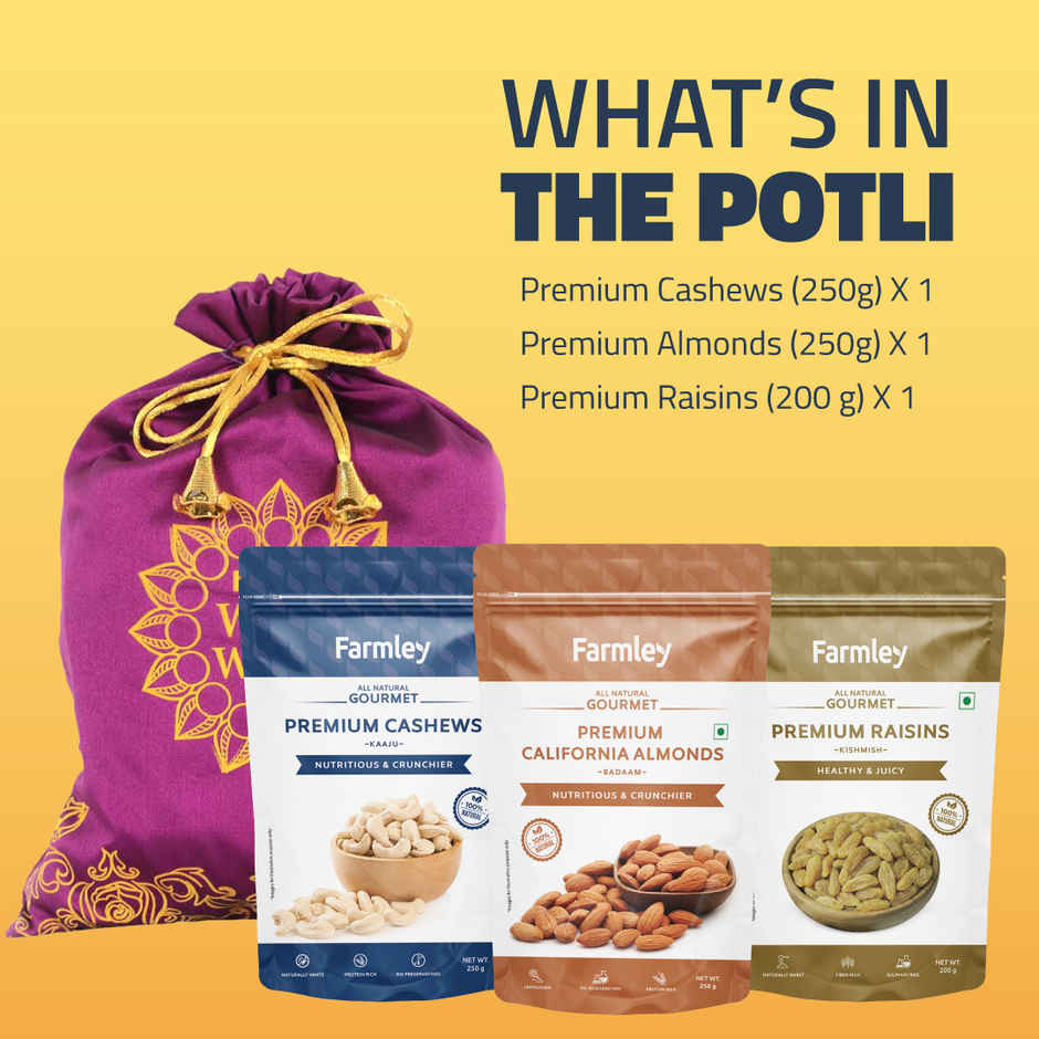 Farmley Mix Dry Fruit Diwali Gift Pack Potli | Almonds 250g, Cashews 250g, Raisins 200g