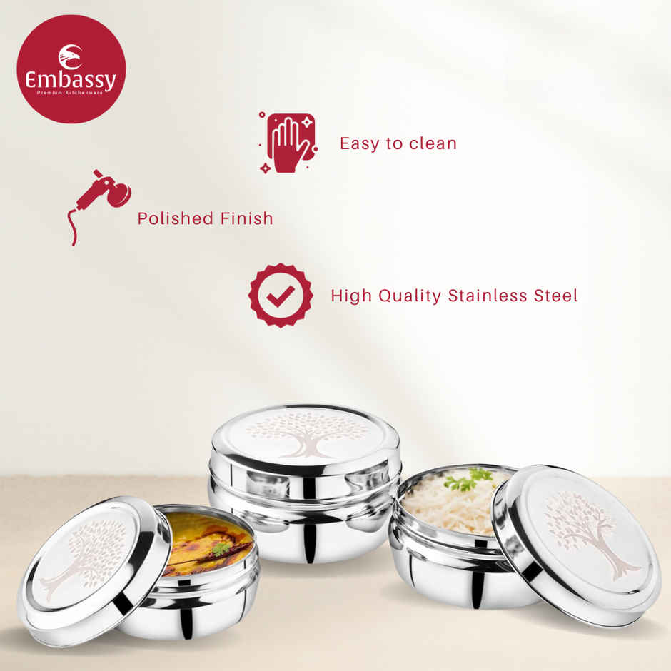 Embassy Oaktree Storage Containers / Dabbas / Laser-Design Canisters, Set Of 3 (350,500,700 Ml), Ss