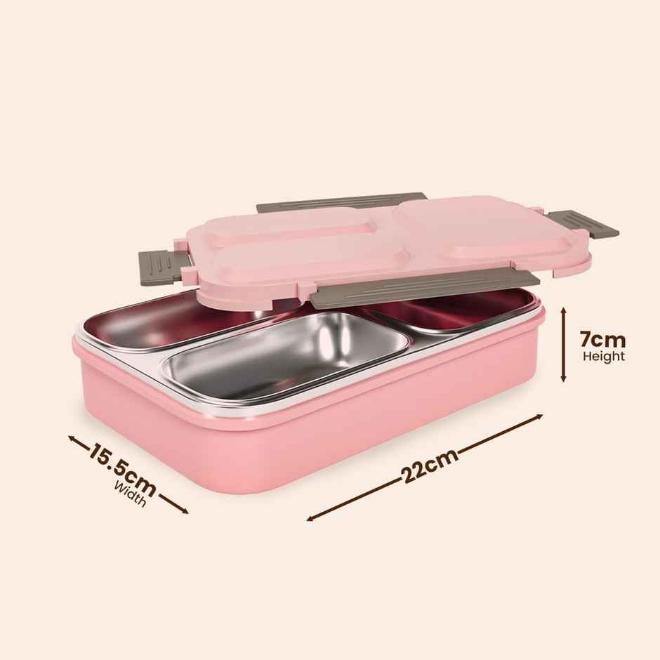 Tex-Ro Pink 2 Compartment Microwave Safe, Lockable Stainless Steel & Plastic Tiffin Box 700 ml