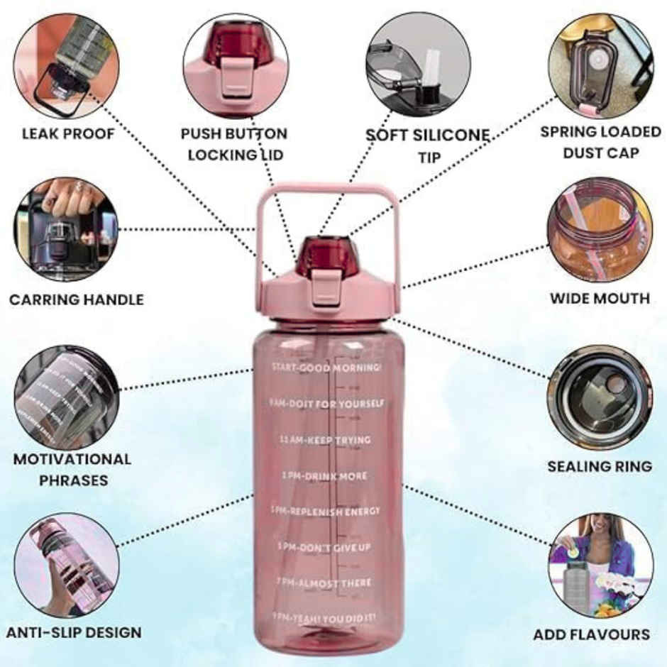 ReeQ PET Motivational Water Bottle with Straw & Time Marker | BPA Free, Leak-Proof | Pink - 2 L
