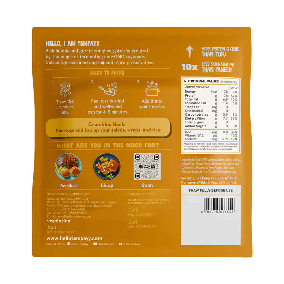 Hello Tempayy 40g Protein Tempeh Crumbles | Tawa Masala | Heat & Add