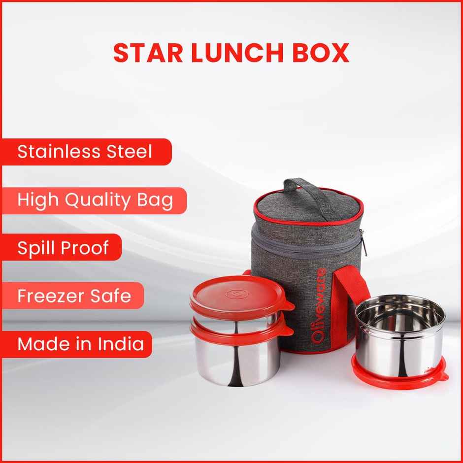 Oliveware Star Lunch Box, 3 Stainless Steel and Leak Proof - Red