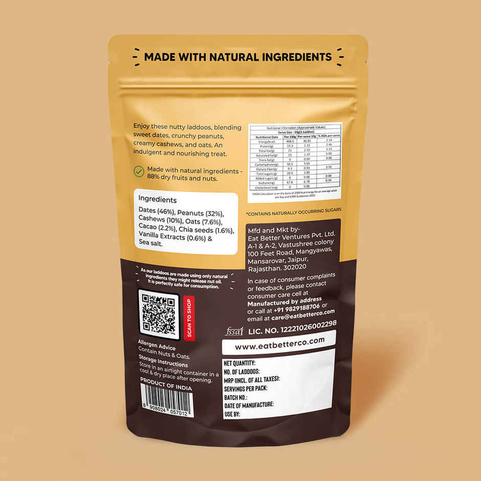 Eat Better Co Peanut & Chocolate Laddoos | No Added Sugar | High Protein, Truly Natural