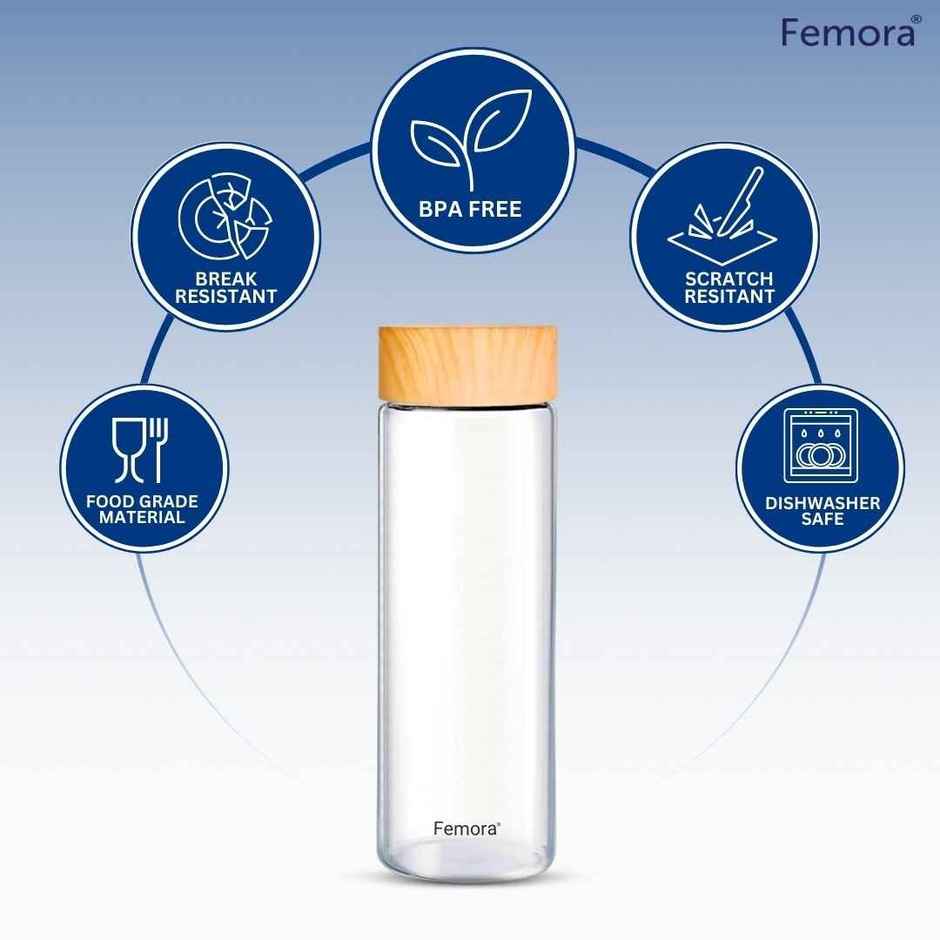 Femora Borosilicate Glass Bottle With Wooden Lid Finish | Transparent | 750 ml