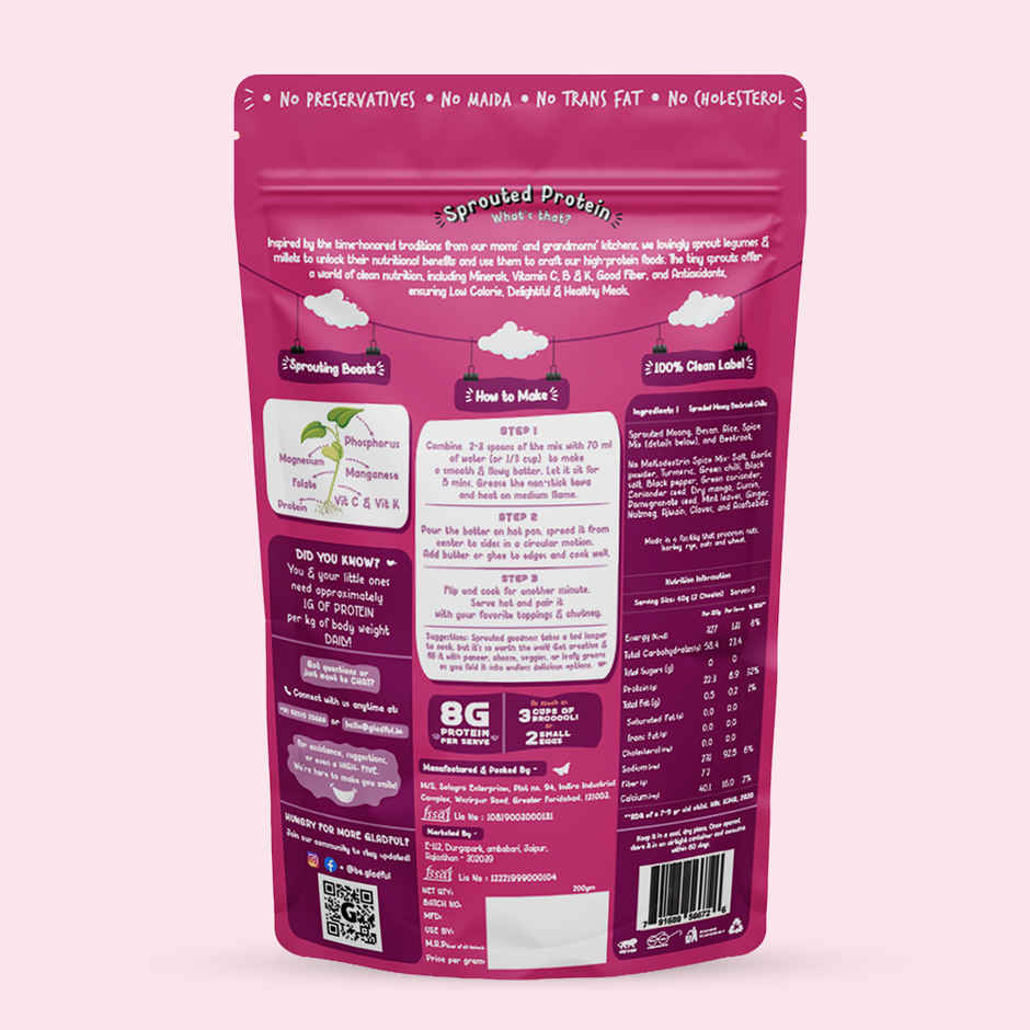 Gladful Beetroot Protein Sprouted Lentils and Millets Instant Chilla Mix