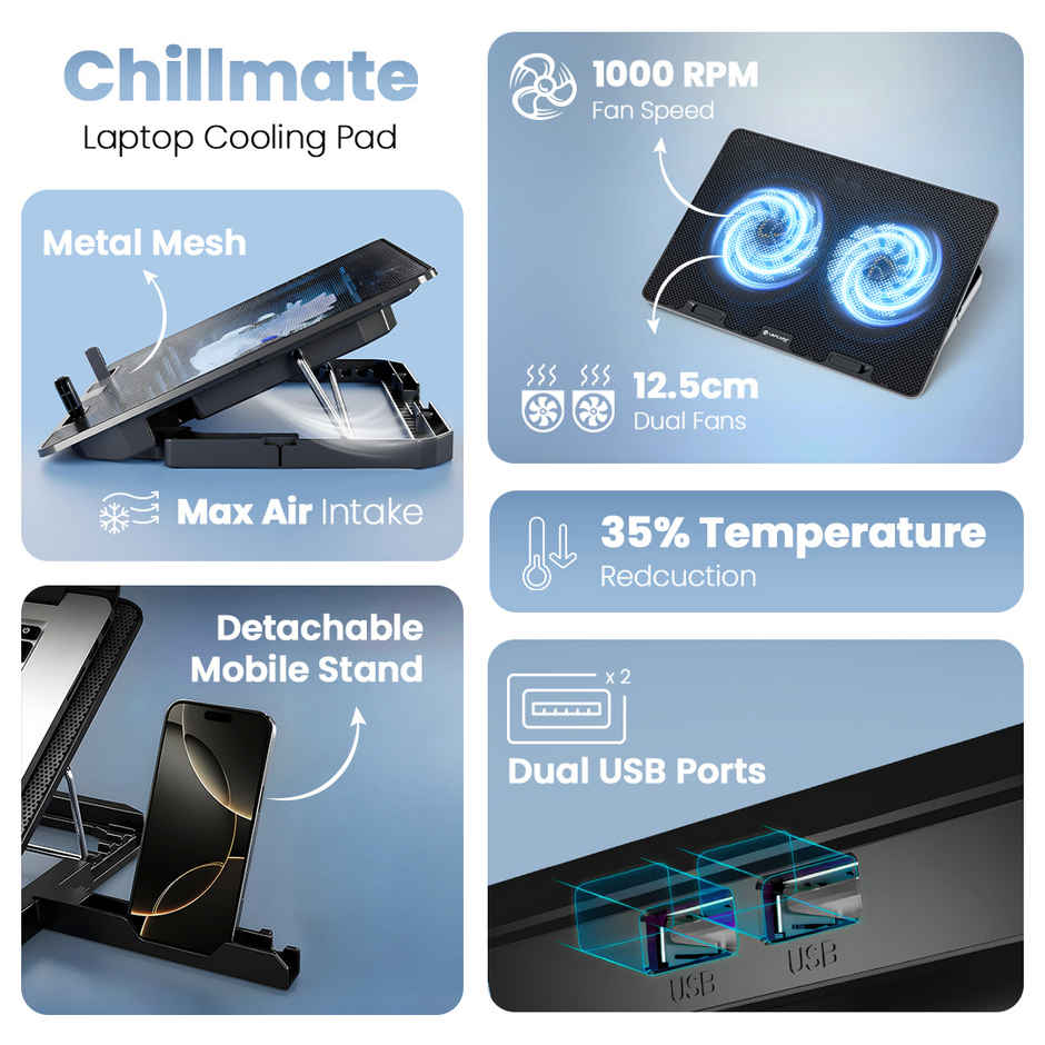 Lapcare Chillmate Cooling Pad, 2 USB Port, Dual Fan | upto 15.6 inch Laptop