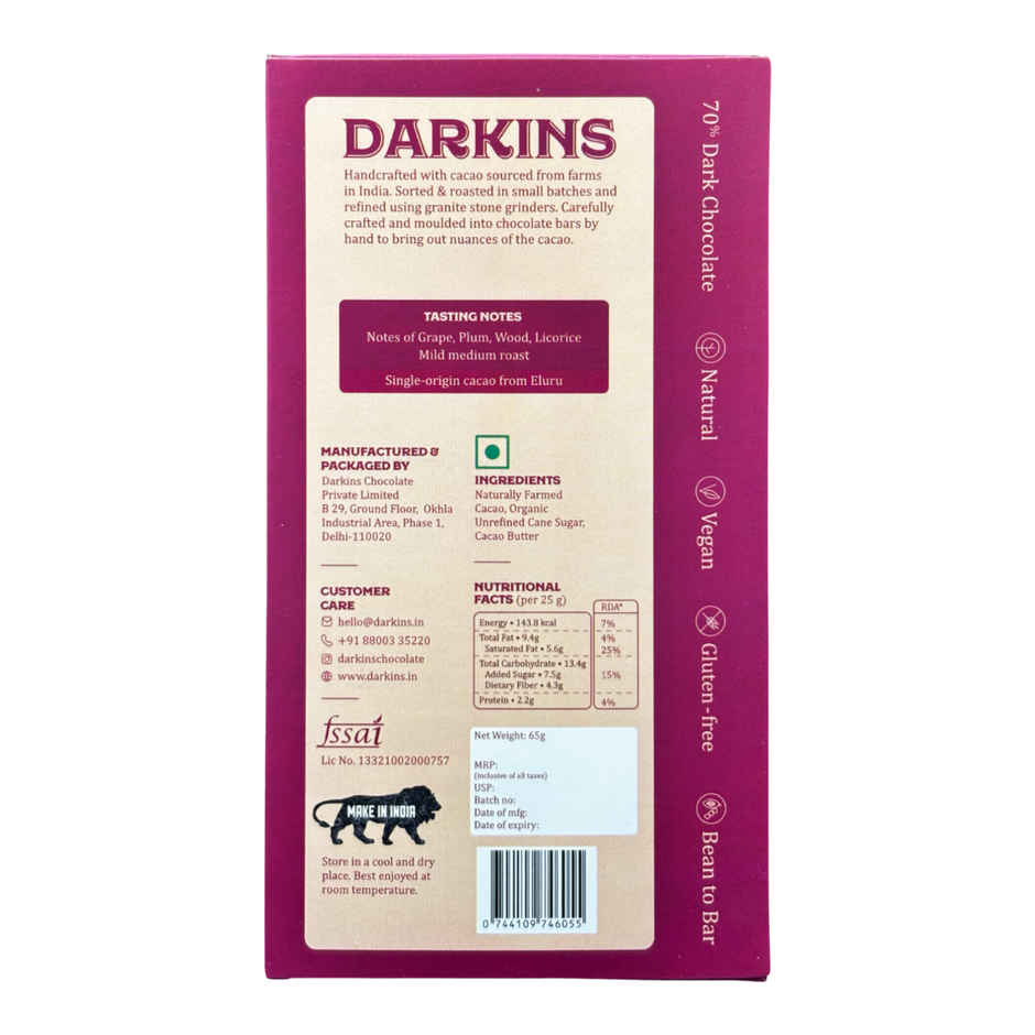 Darkins 70% Single Origin Dark Chocolate | Andhra Pradesh