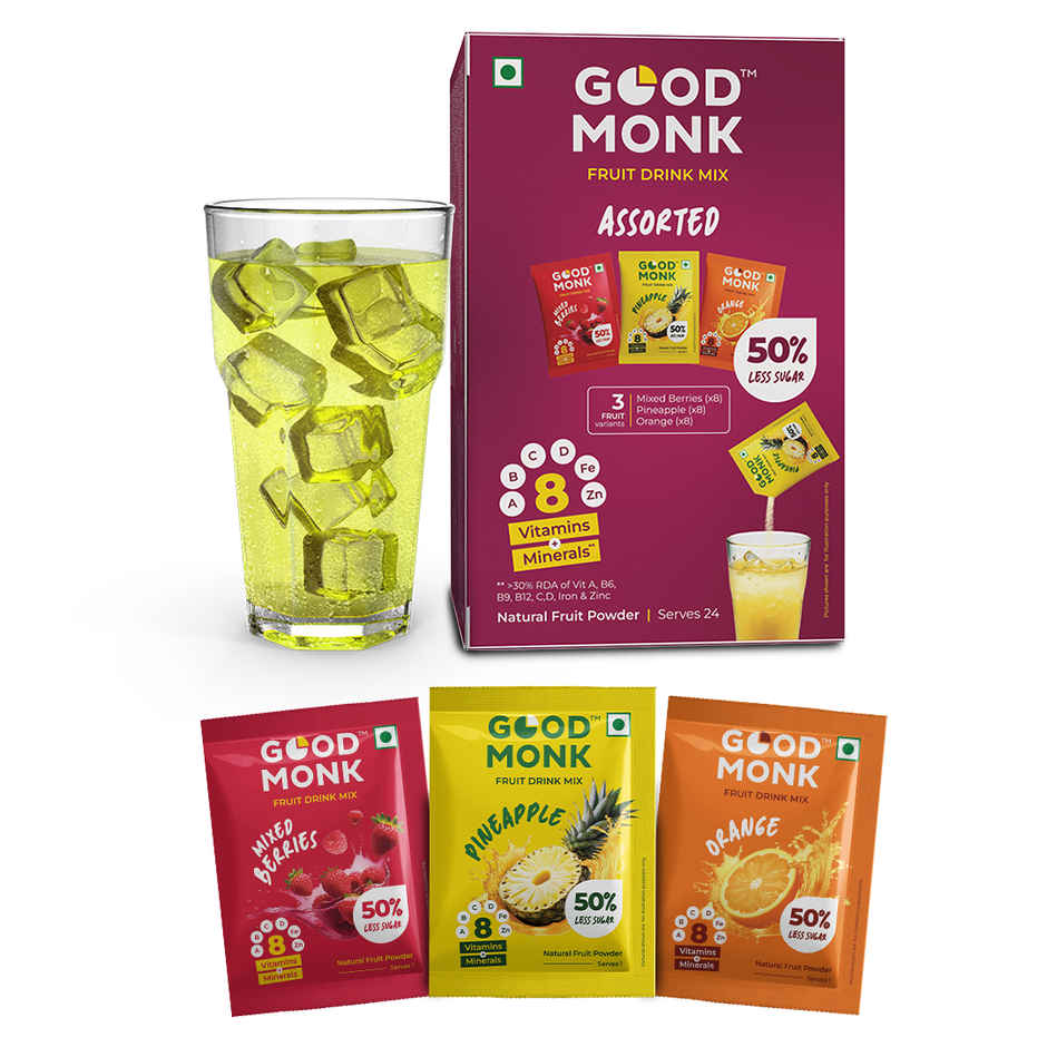 Good Monk Fruit Drink Mix | Assorted | 50% Less Sugar | 8 Vitamins & Minerals | 24 Sachets - 396 g