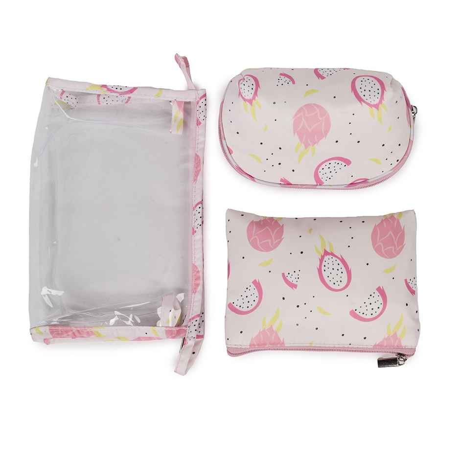 Qips Printed Set Of 3 Cosmetic Pouches With Zipper Closure - Baby Pink