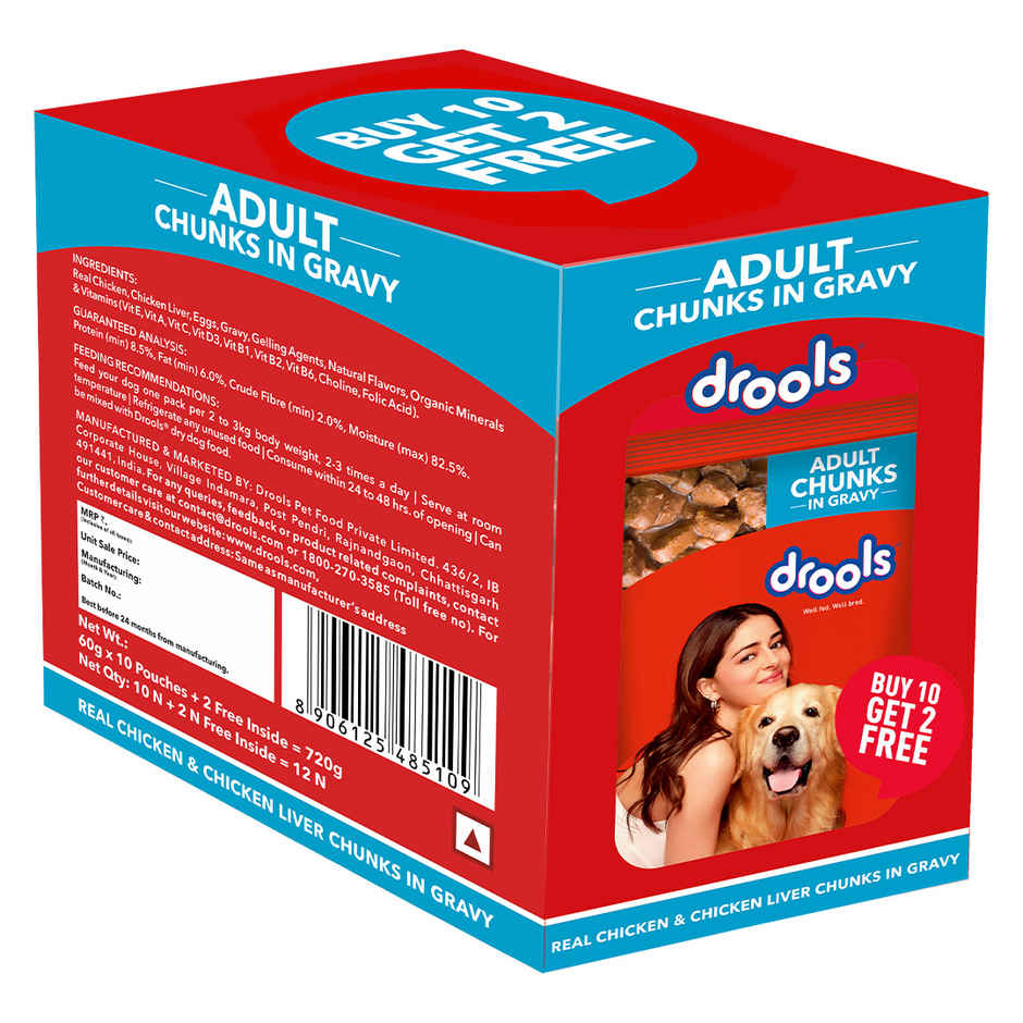 Drools Adult Wet Dog Food Chicken And Chicken Liver Chunks In Gravy (10 + 2 Pouches Free)