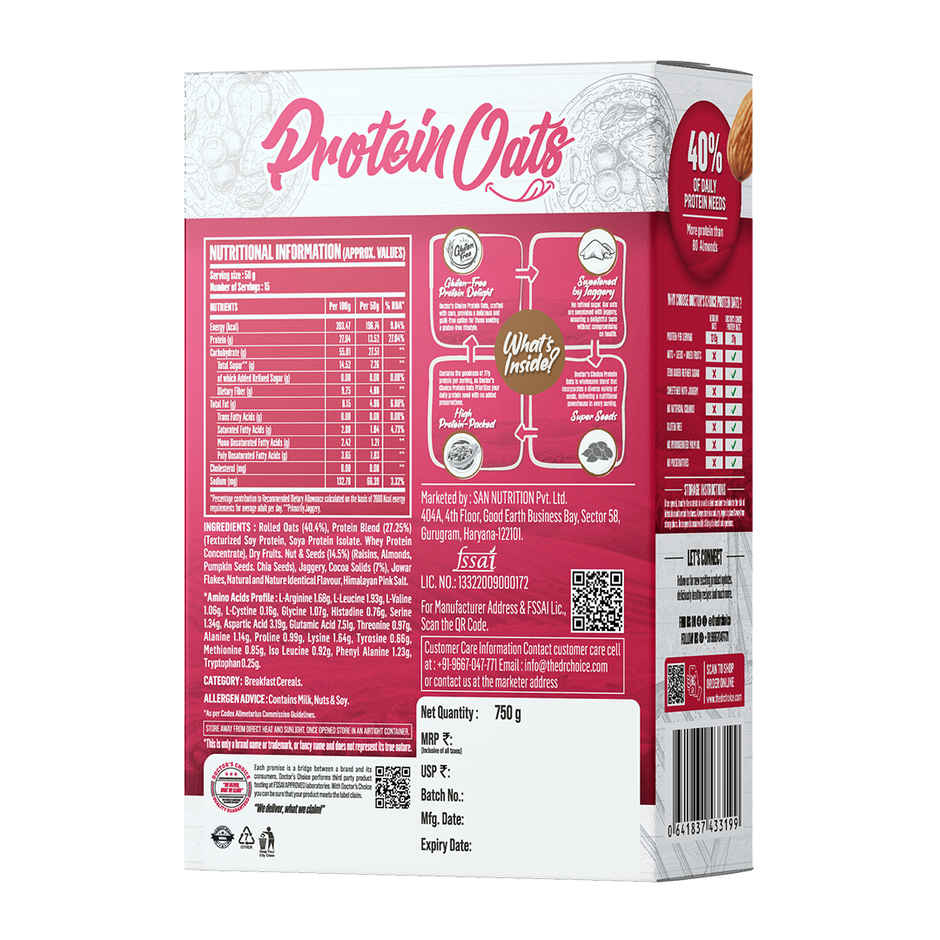 DOCTOR'S CHOICE Protein Oats, 27g Pure Protein, Jaggery Sweetened, No Additives & Refined Sugar Box