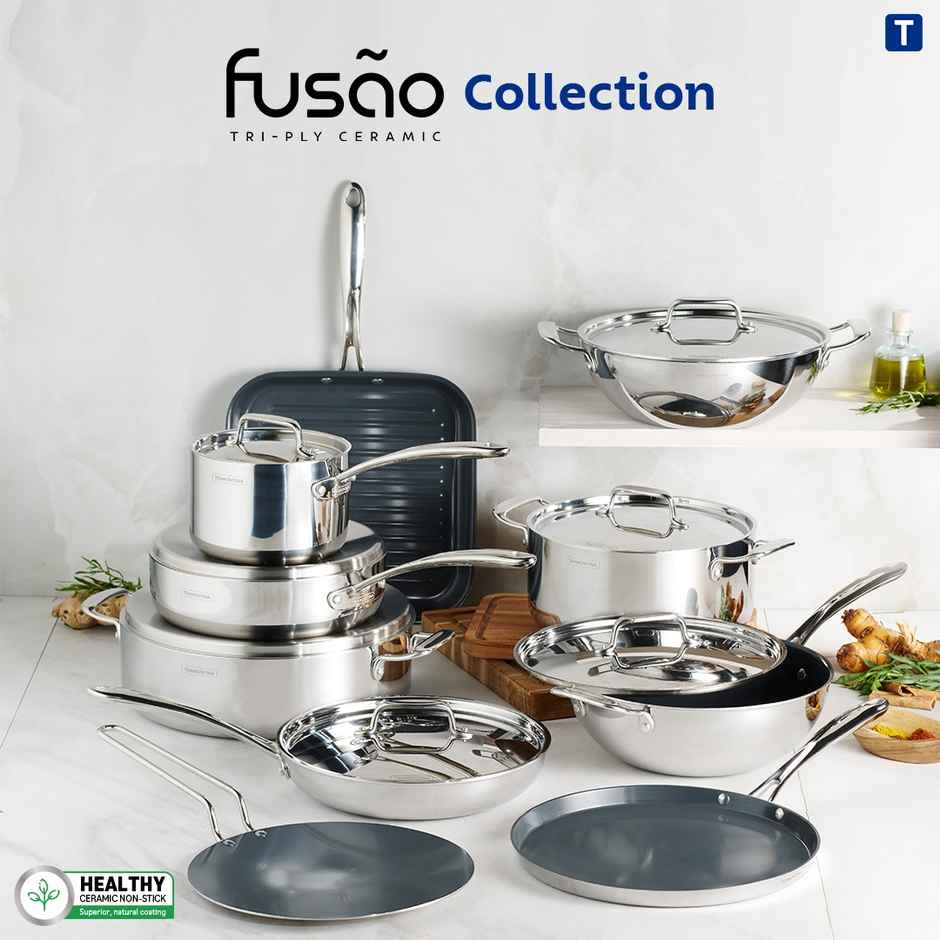 Tramontina Fusao Triply Ceramic Kadai | 30 cm | Stainless Steel Lid | Induction Compatible