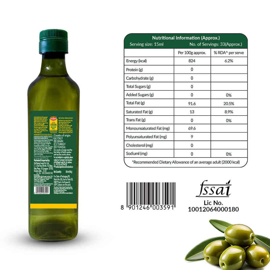 Del Monte Extra Virgin Olive Oil | Cold Pressed | Zero Cholesterol & Trans-Fat | 75% Mufa
