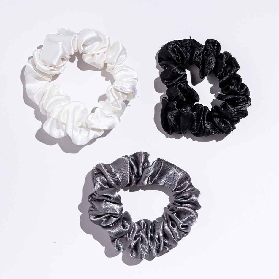 Gush Beauty Premium Hair Satin Rubber Band/Scrunchie Pack | Black, White & Gray