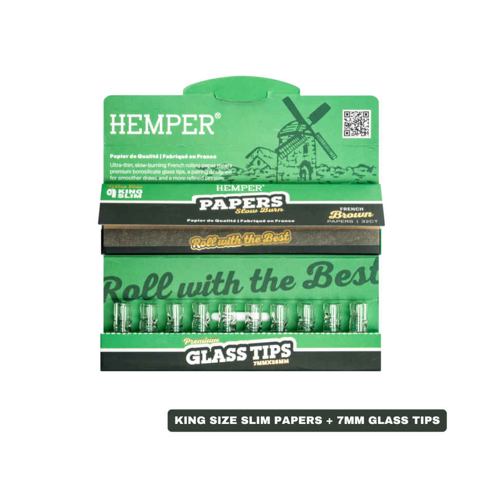 Hemper French Brown Rolling Paper with 7mm Glass Tips 32 + 10 - King Size Slim by Hemper