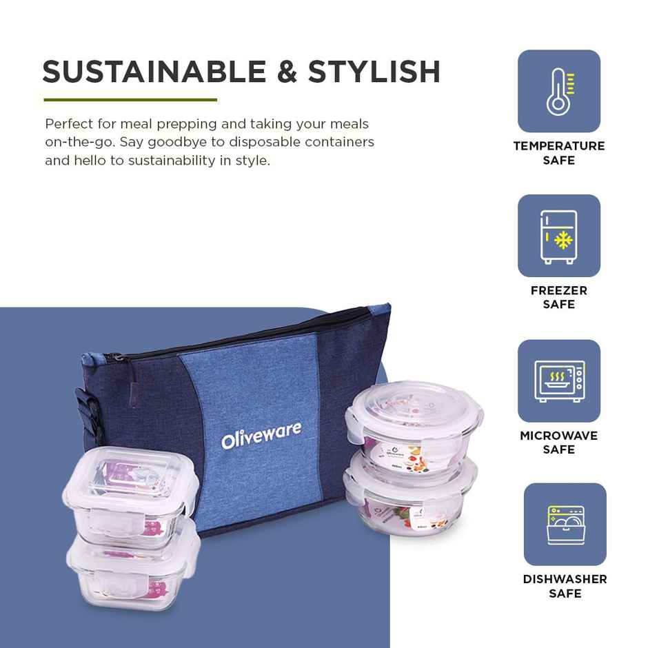 Oliveware Olive Glass Lunch Box, Insulated Fabric Bag, Leak Proof & Microwave Set of 4 - Blue