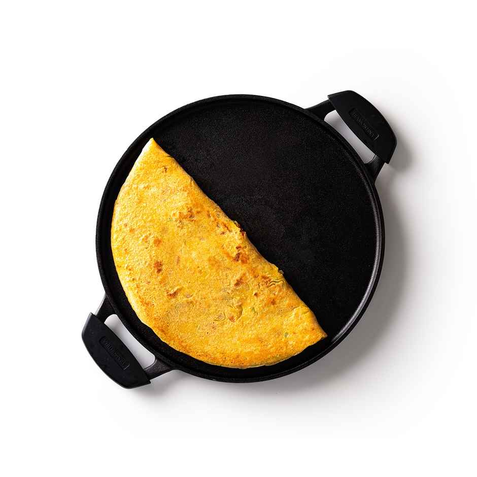 Tramontina Titanex 30 cm Pre-Seasoned Cast Iron Flat Dosa Tawa with Dual Side Handles Non-Toxic, Induction Ready, Snap-On Cool Touch Grips, Superior Stone Finish, Raised Sides for Spill-Free Cooking