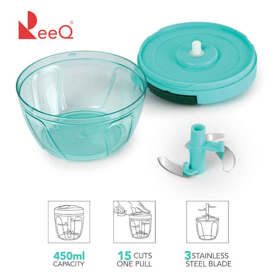 ReeQ Manual Pull Chopper -Mini Vegetable & Fruit Cutter with 3 Stainless Steel Blades