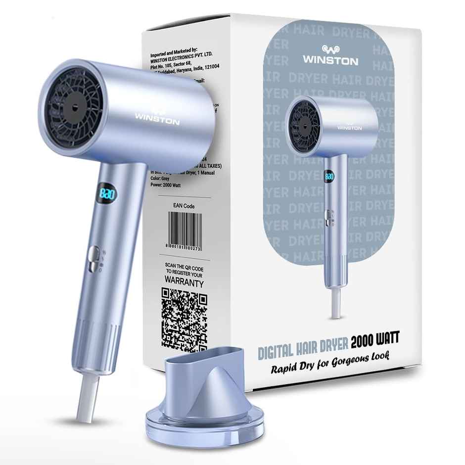 Winston Digital Smart Ionic Hair Dryer 2000W Heat Settings, All Hair Types, Lightweight - Ice Blue