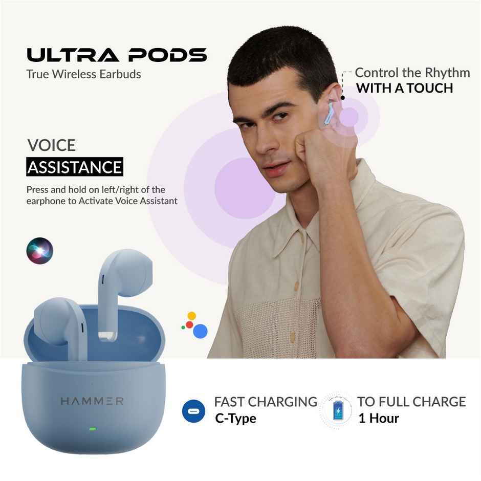 Hammer Ultra Pods True Wireless Earbuds| 13Mm Dynamic Drivers| 30H Playtime - Blue